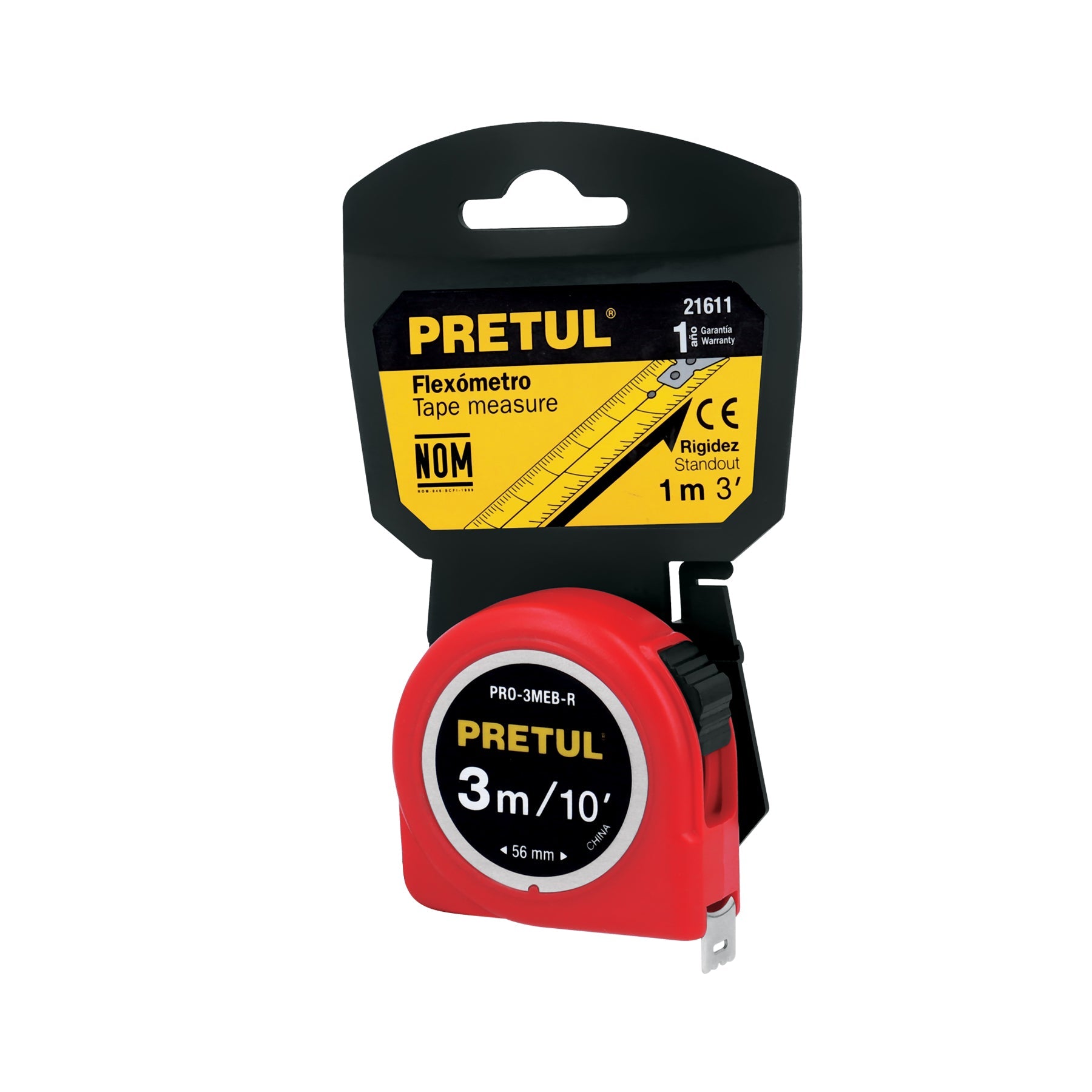 Flexometro rojo 3 m cinta 13 mm, en tarjeta, PRETUL