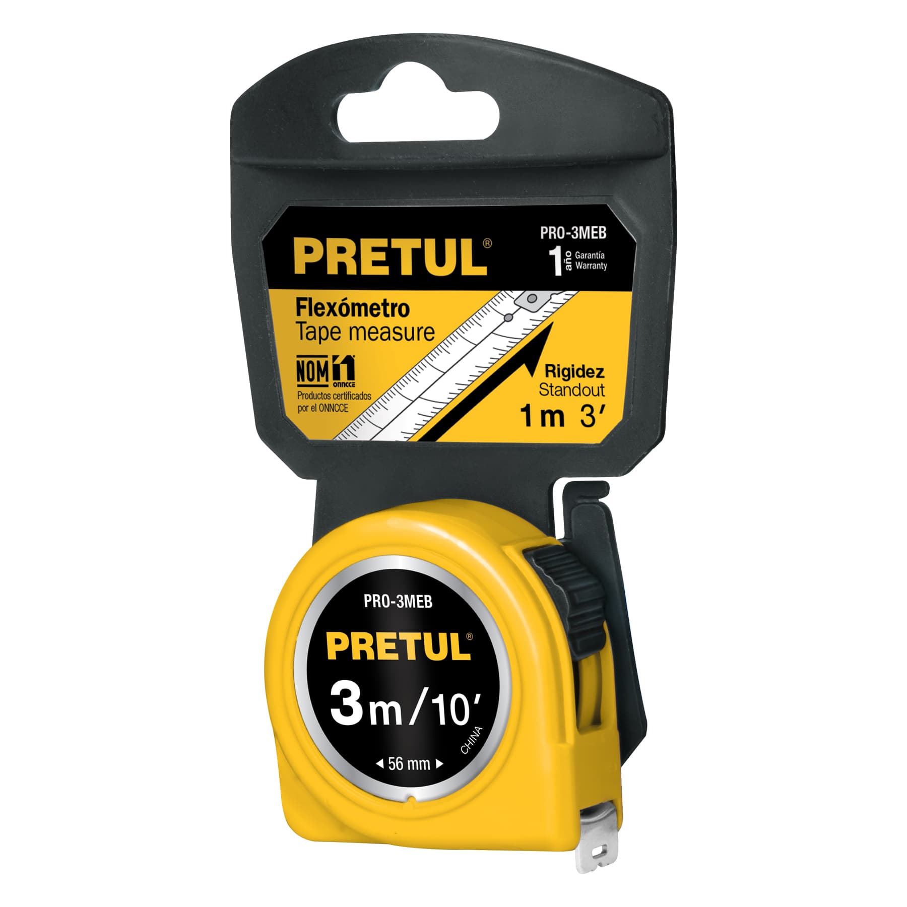 Flexometro amarillo 3 m cinta 13 mm, en tarjeta, PRETUL