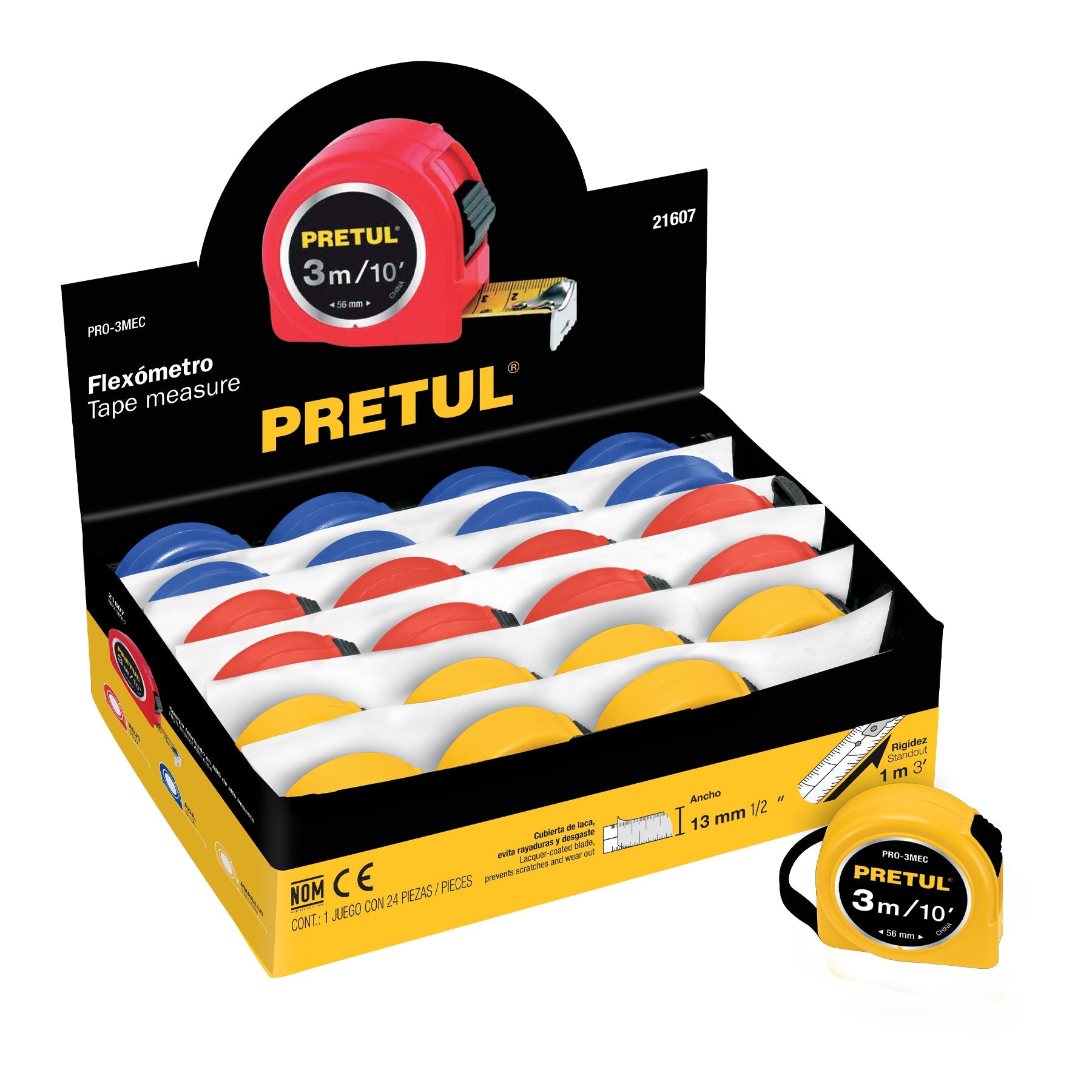 Flexometro 3 m cinta 13 mm, display box con 24 pzas, PRETUL