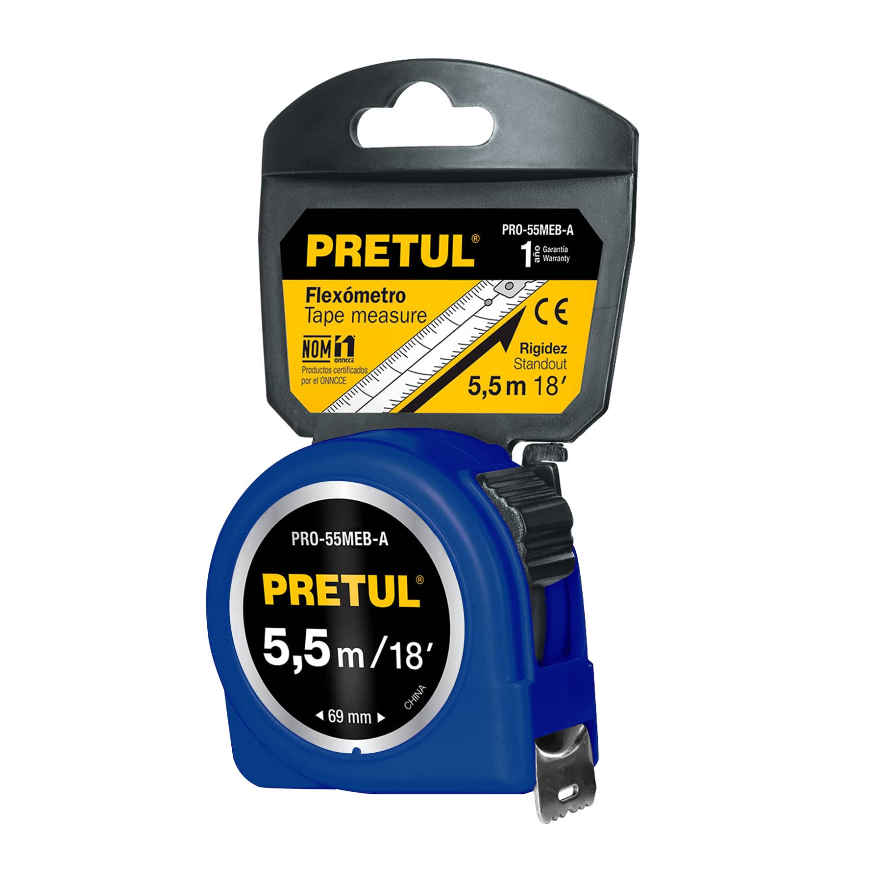 Flexometro azul 5.5 m cinta 25 mm, en tarjeta, PRETUL