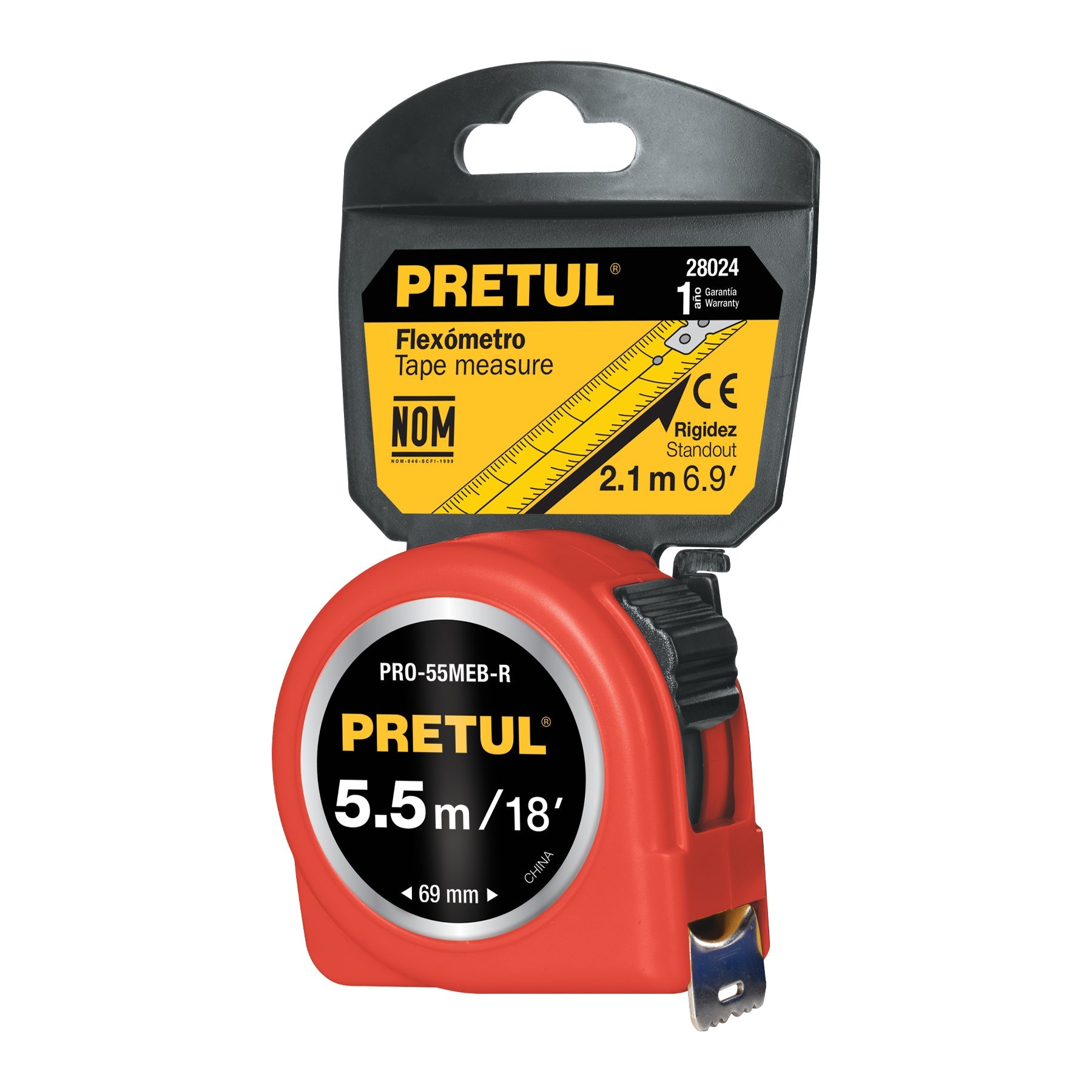Flexometro rojo 5.5 m cinta 25 mm, en tarjeta, PRETUL