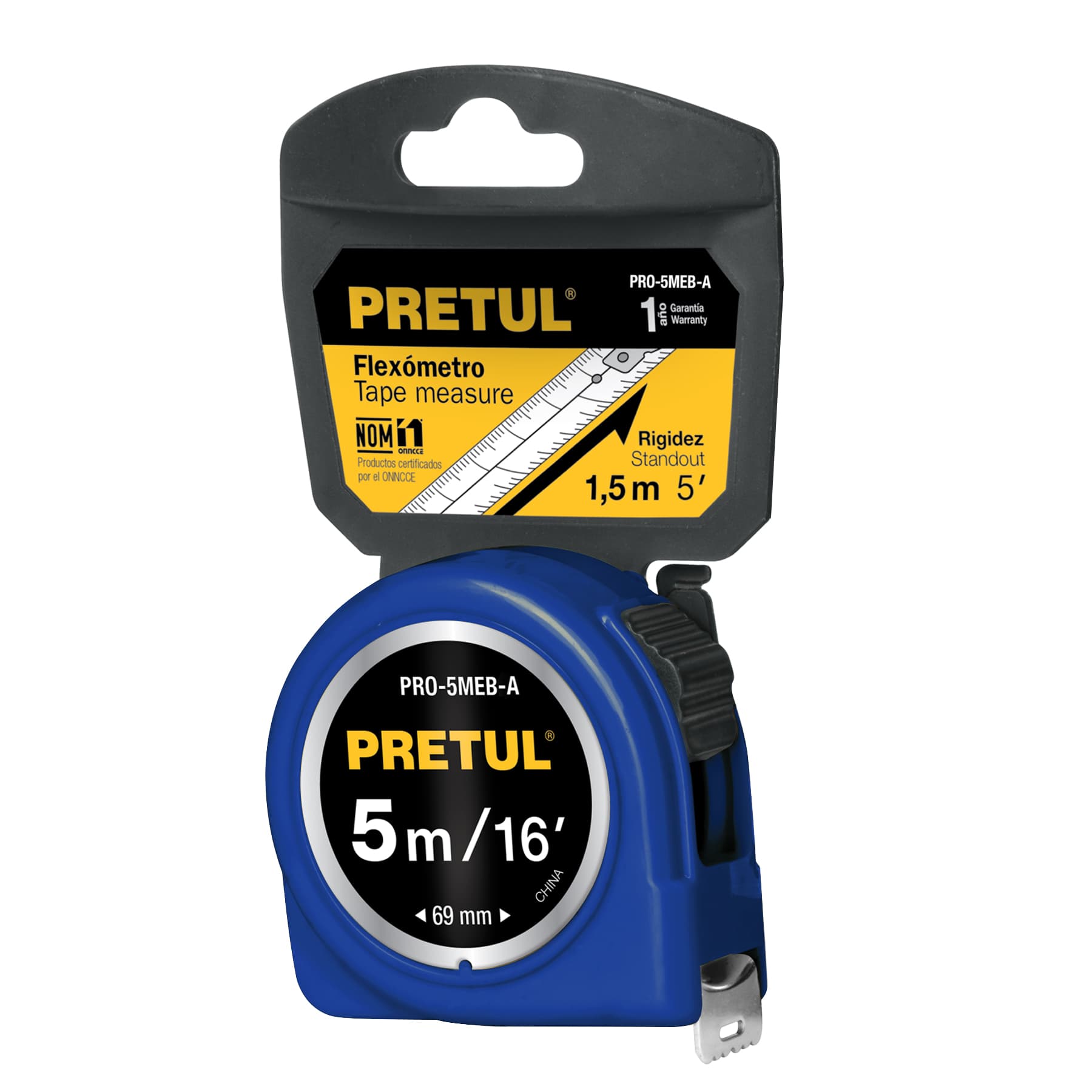 Flexometro azul 5 m cinta 19 mm, en tarjeta, PRETUL