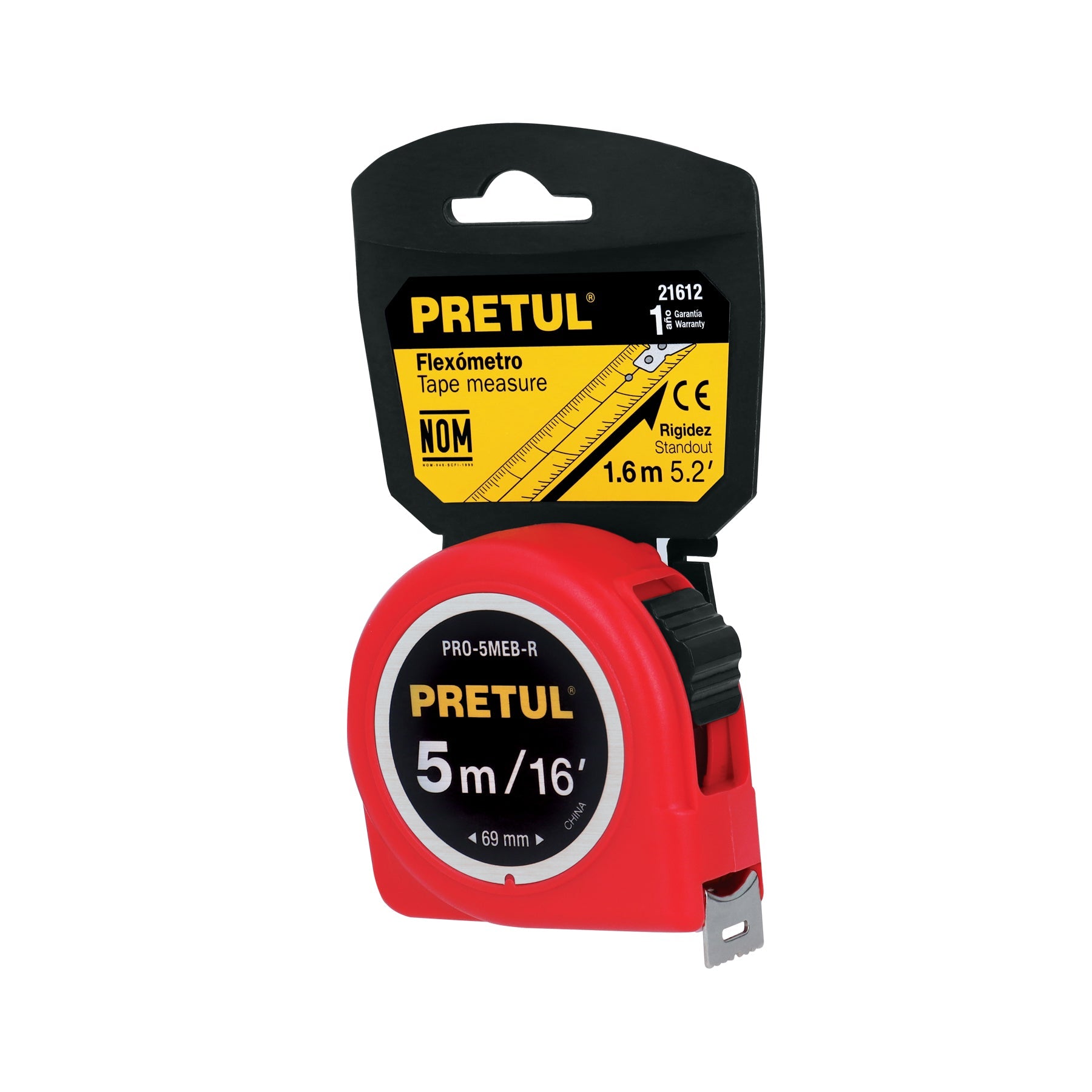 Flexometro rojo 5 m cinta 19 mm, en tarjeta, PRETUL