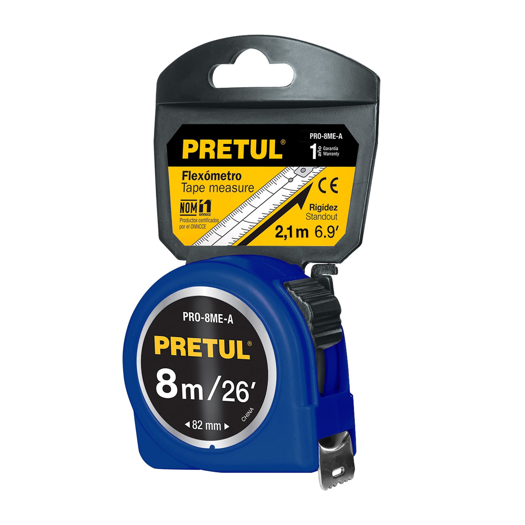 Flexometro azul 8 m cinta 25 mm, en tarjeta, PRETUL