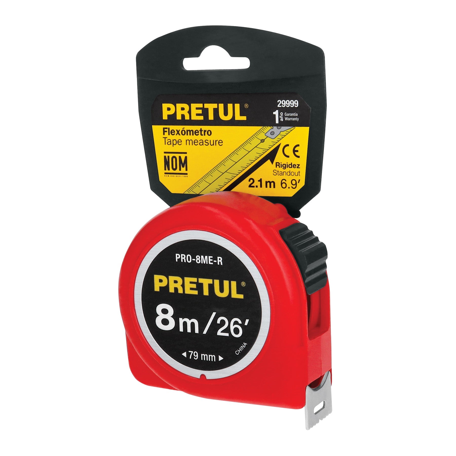Flexometro rojo 8 m cinta 25 mm, en tarjeta, PRETUL