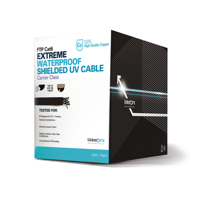 LINKEDPRO BY EPCOM - Bobina de 152.5 Metros (500 Pies) Cat6+ Calibre 23 Exterior Blindado Tipo FTP Para Climas Extremos, UL Para Aplicaciones de Video Vigilancia y Redes de Datos. Para Uso en Intemperie.