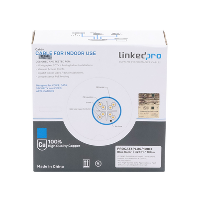 LINKEDPRO BY EPCOM - Cable Cat6+ Calibre 23 Alto Rendimiento, ETL, UL, Color Azul, de 100 Metros (328.08 Pies), Super Flexible, para Aplicaciones de CCTV, Video HD, y Redes de Datos.