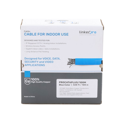 LINKEDPRO BY EPCOM - Cable Cat6+ Calibre 23 Alto Rendimiento, ETL, UL, Color Azul, de 100 Metros (328.08 Pies), Super Flexible, para Aplicaciones de CCTV, Video HD, y Redes de Datos.