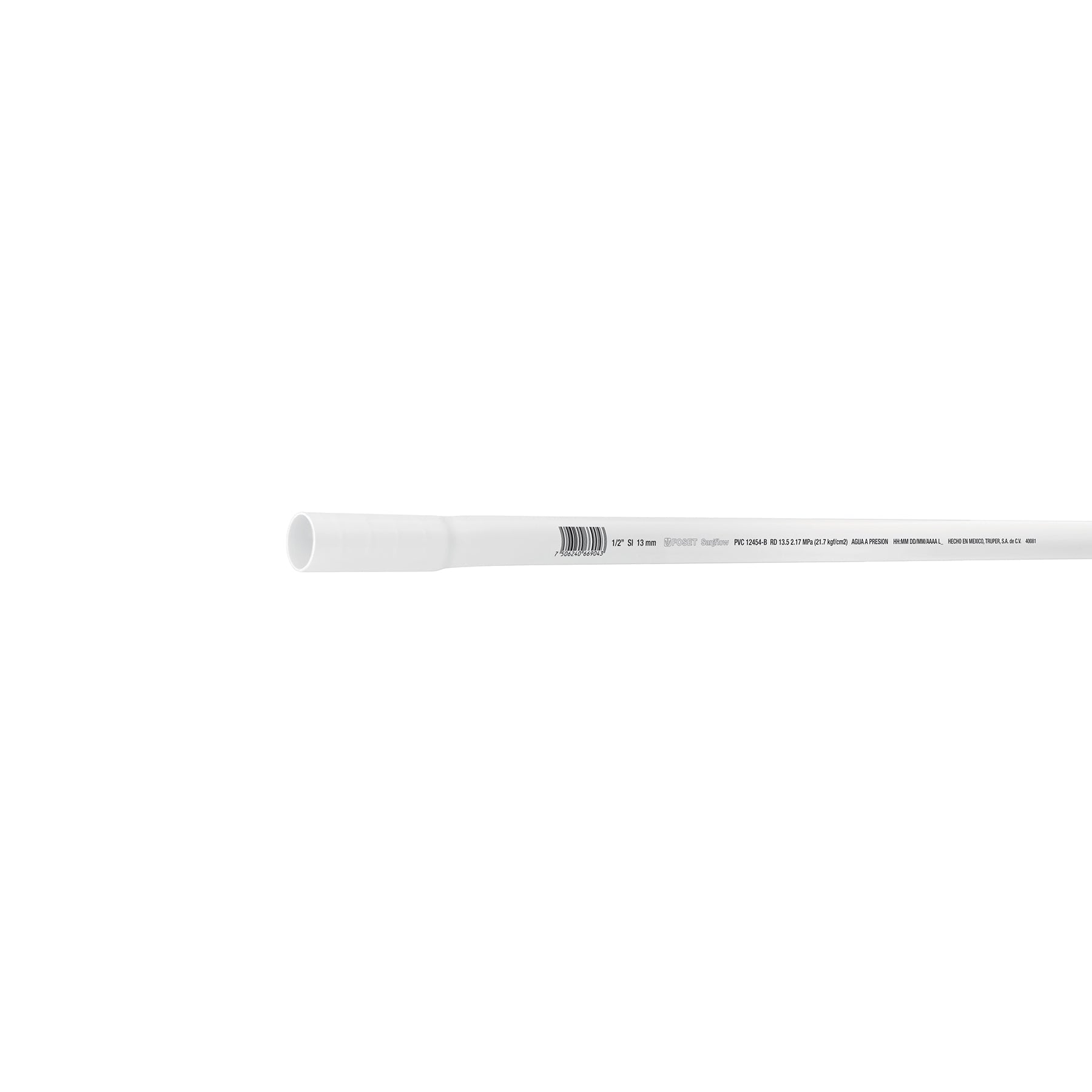 Tubo de 1/2' PVC hidraulico RD 21, 3m, 0.25kg, FOSET
