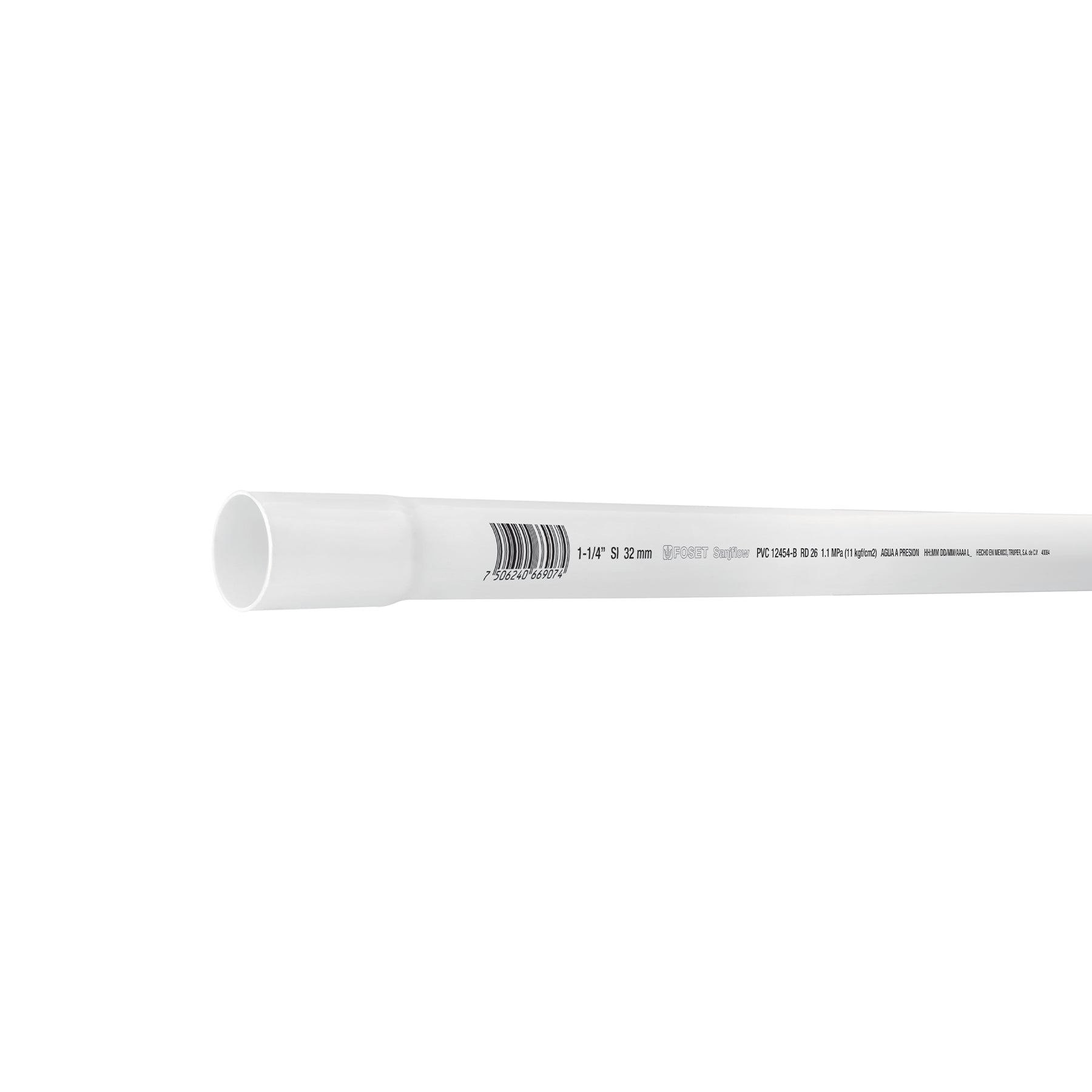 Tubo de 1-1/4' PVC hidraulico RD 26, 3m, 0.9kg, FOSET