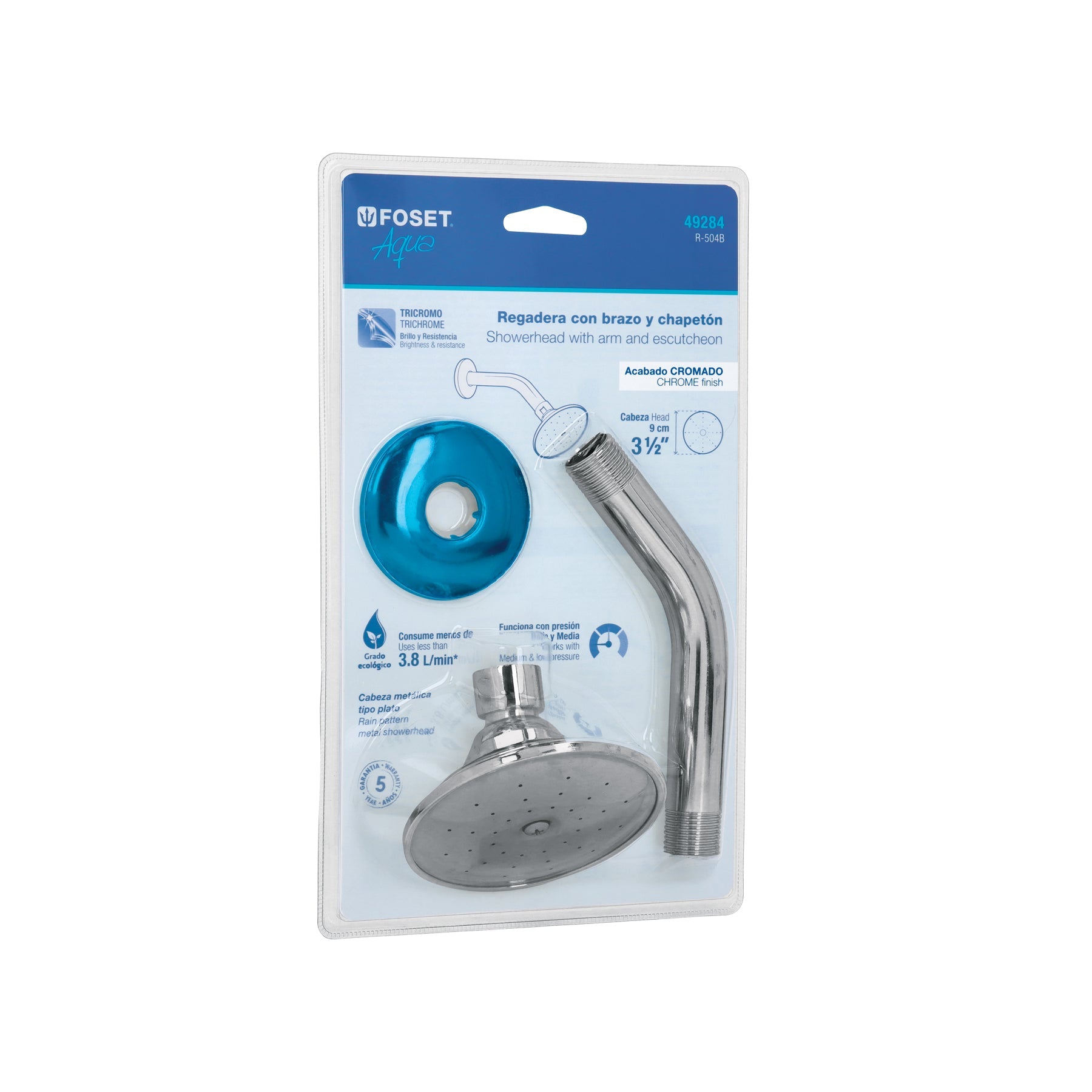 Regadera redonda 3-1/2', brazo y chapeton en blister, Aqua