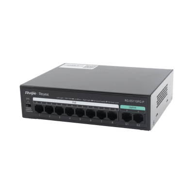 RUIJIE - Switch PoE+ no Administrable, hasta 110 Watts, 8 puertos PoE+ 10/100 y 2 Uplinks Gigabit 1G