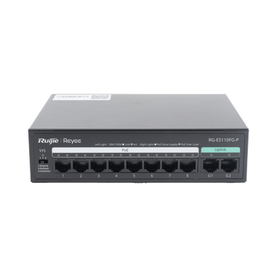 RUIJIE - Switch PoE+ no Administrable, hasta 110 Watts, 8 puertos PoE+ 10/100 y 2 Uplinks Gigabit 1G