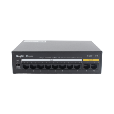 RUIJIE - Switch PoE+ no Administrable, Hasta 110 Watts, 8 puertos PoE+ y 2 Uplinks 10/100