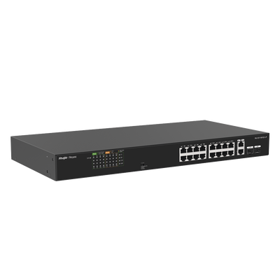 RUIJIE - Switch PoE+ no Administrable, Hasta 120 Watts, Ideal para CCTV, 16 Puertos PoE +10/100, 2 Uplinks Gigabit y 2 SFP COMBO