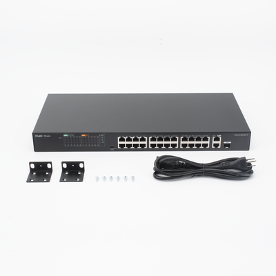 RUIJIE - Switch PoE+ no Administrable, hasta 370 Watts Ideal para CCTV, 24 Puertos 10/100 PoE+, 2 Uplinks Gigabit (1 SFP COMBO)