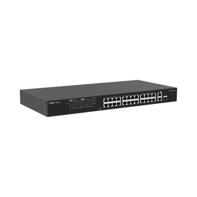 RUIJIE - Switch PoE+ no Administrable, hasta 370 Watts Ideal para CCTV, 24 Puertos 10/100 PoE+, 2 Uplinks Gigabit (1 SFP COMBO)