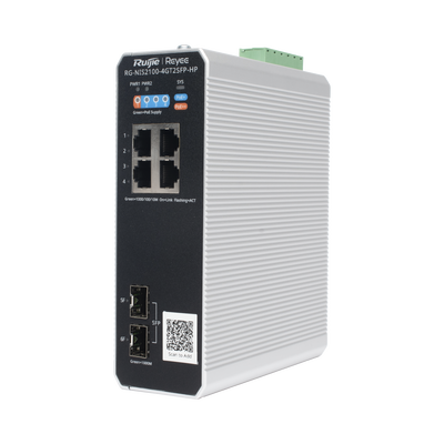 RUIJIE - Switch Industrial PoE+ hasta 180 watts , Ideal para temperaturas Extremas y protección contra descargas, 1 puerto PoE++ 60W y 3 puertos PoE+ 30W, 2 SFP Uplink