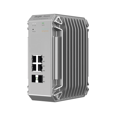 RUIJIE - Switch Industrial PoE hasta , Ideal para temperaturas Extremas y protección contra descargas, 4 Puertos Gigabit PoE 802.3 af/at, 2 puertos SFP Administrable Cloud
