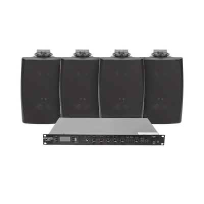 EPCOM PROAUDIO - KIT de Amplificador de Audio 120W para Rack | 4 Altavoces de Pared color Negro 2.5W - 20W | Sistema 70/100V