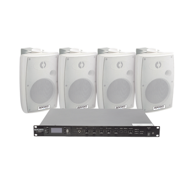 EPCOM PROAUDIO - KIT de Amplificador de Audio 120W para Rack | 4 Altavoces de Pared color Blanco 2.5W - 20W | Sistema 70/100V