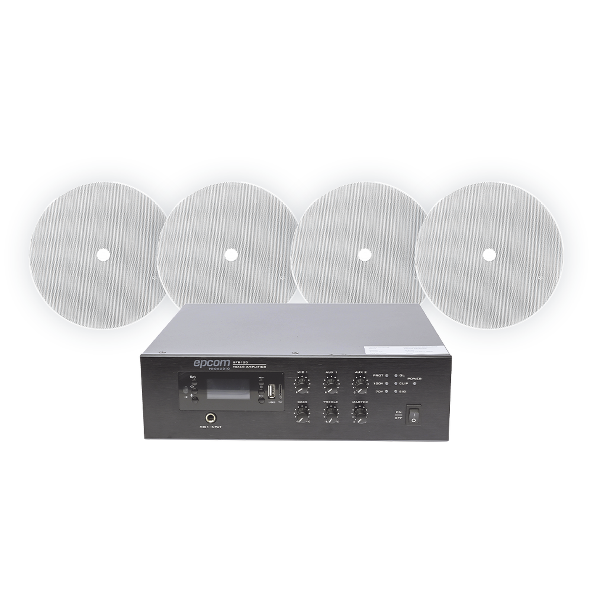 EPCOM PROAUDIO - KIT de Amplificador de 120W para Escritorio | 4 Altavoces 6" | Montaje en Techo | 20W | 70/100V