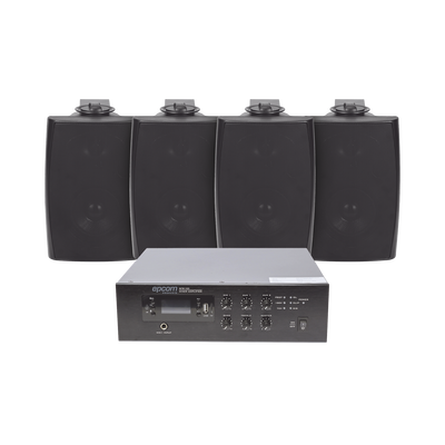 EPCOM PROAUDIO - KIT de Amplificador de 120W para Escritorio | 4 Altavoces de Pared color Negro 2.5W - 20W | Sistema 70/100V
