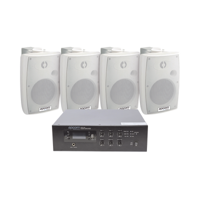 EPCOM PROAUDIO - KIT de Amplificador de 120W para Escritorio | 4 Altavoces de Pared color Blanco 2.5W - 20W | Sistema 70/100V