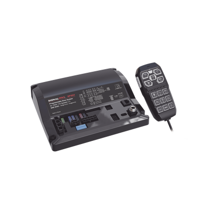 SIGNALPRO - Sirena Vehicular de 200W de Potencia, Con Controlador Unimando de 15 Botones Para Control de Tonos, 12 Salidas Auxiliares y Micrófono