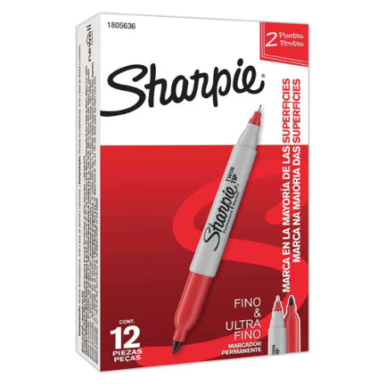 SHARPIE - MARCADOR PERMANENTE SHARPIE TWIN DOBLE PUNTA FINO / ULTRA FINO ROJO C/12