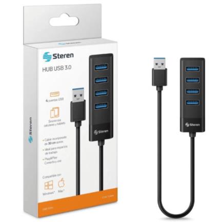 STEREN - Hub Steren USB 3.0 de 4 Puertos Cable 12.5cm Color Negro