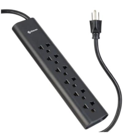 STEREN - Barra Multicontactos Steren 1.7m 15A 6 Contactos Americanas/Europeas 70J Color Negro