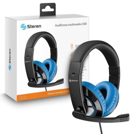 STEREN - Audífonos Steren Ultraconfort Multimedia USB con Micrófono Color Negro con Azul