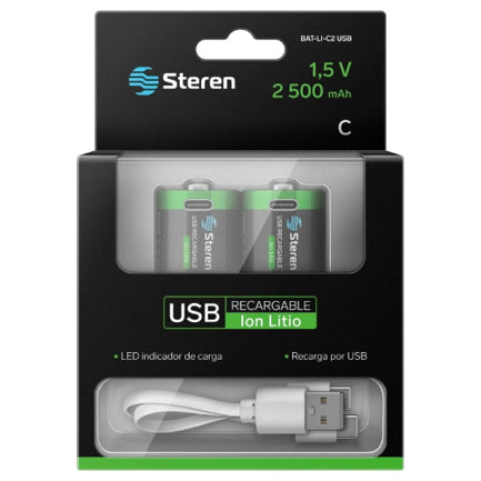 STEREN - Paquete de Baterías Steren Li-ion Recargables USB-C 1.5Vcc 2500mAh