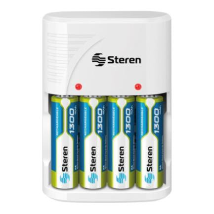 STEREN - Cargador de Pilas Steren para AA/AAA 9VC NICD/NIMH Incluye 4 Pilas AA