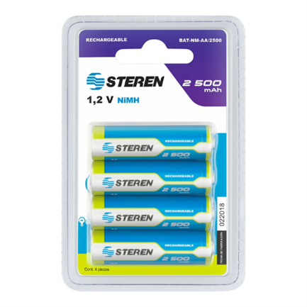 STEREN - Pilas Steren Recargables Alta Capacidad Tipo AA NiMH 2500 mAh C/4 Pzas