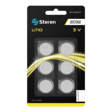 STEREN - Pila de Litio Steren Tipo Botón CR2032 Capcidad 210 mAh 6 Piezas