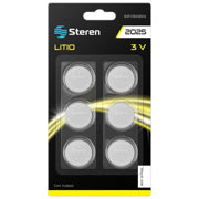 STEREN - Pilas Steren de Litio Tipo Botón CR2025 3Vcc 150mAh Uso Múltiple C/6 Piezas