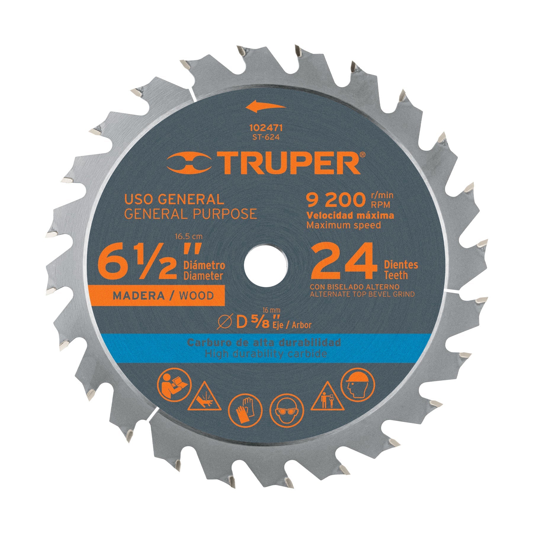 Disco sierra 6-1/2' p/madera, 24 dientes con centro 5/8'
