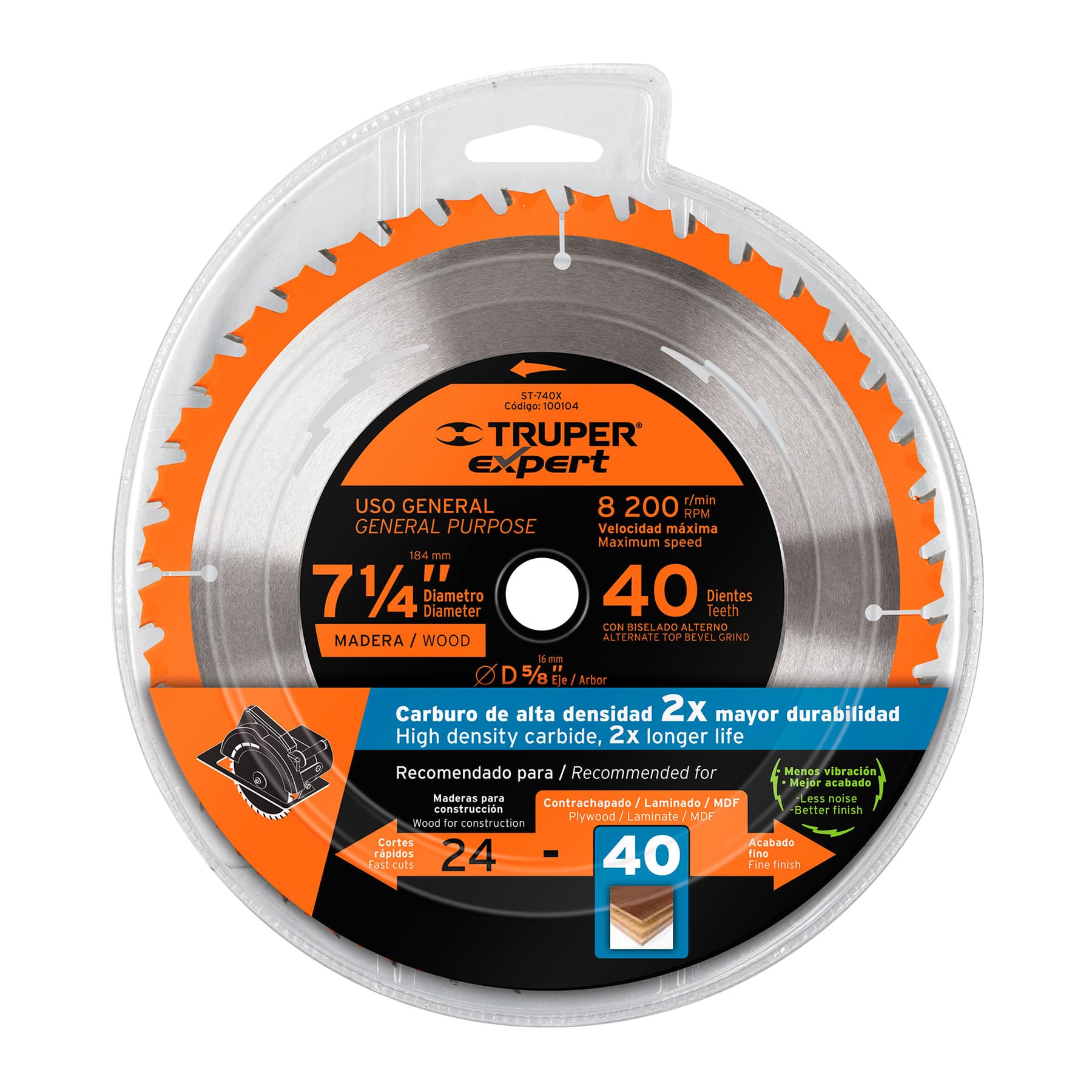 Disco sierra 7-1/4' p/madera, 40 dientes centro 5/8', Expert
