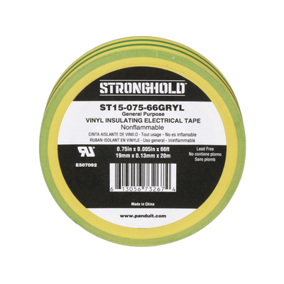 PANDUIT - Cinta Eléctrica STRONGHOLD para Aislar, de PVC, Uso Construcción General en Tierras Físicas, Grosor de 0.13 mm (5 mil), Ancho de 19.05 mm, y 20.12 m de Largo, Color Amarillo/Verde.