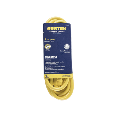 SURTEK - Extensión Eléctrica de Uso Rudo 2 metros / 127 V CA 10 A Máximo /  Color Amarillo.