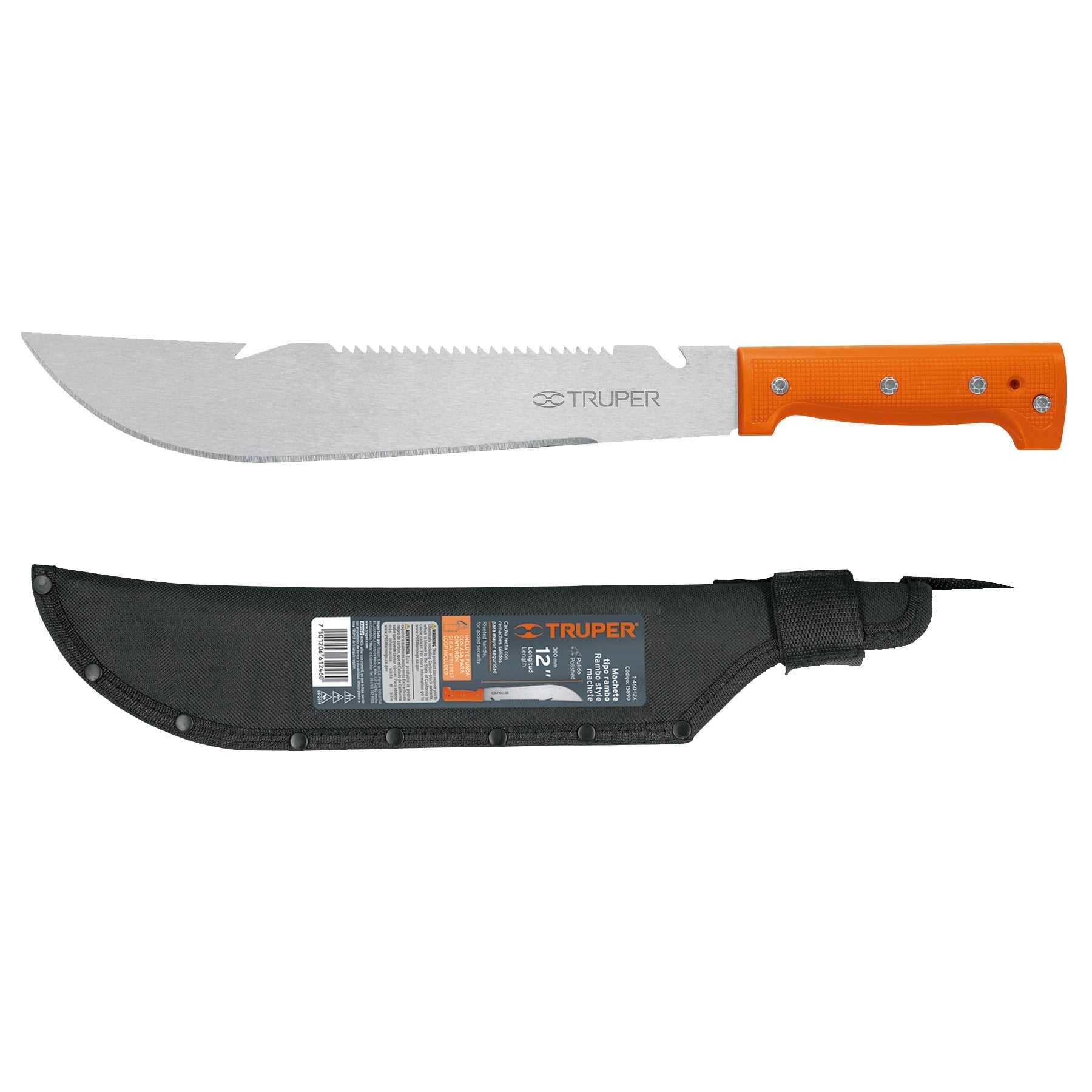 Machete rambo 12',cacha remachada naranja, con funda, TRUPER