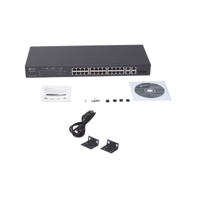 TP-LINK - Smart Switch PoE+ administrable Capa 2, 24 puertos 10/100 Mbps, 4 puertos 10/100/1000 Mbps + 2 puertos SFP combo, 192 W