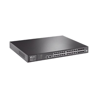 TP-LINK - Switch Core JetStream administrable capa 3, 24 puertos RJ45 Gigabit, 4 puertos SFP combo, hasta 4 ranuras SFP+, apilamiento de hasta 8.