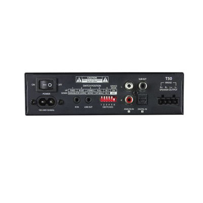 TRUAUDIO - Amp Clase D | 2 Canales 50W | Con Aprendizaje IR | Salida Sub | Estéreo, Bridge, Múltiples Amplificadores | 4-8Ω