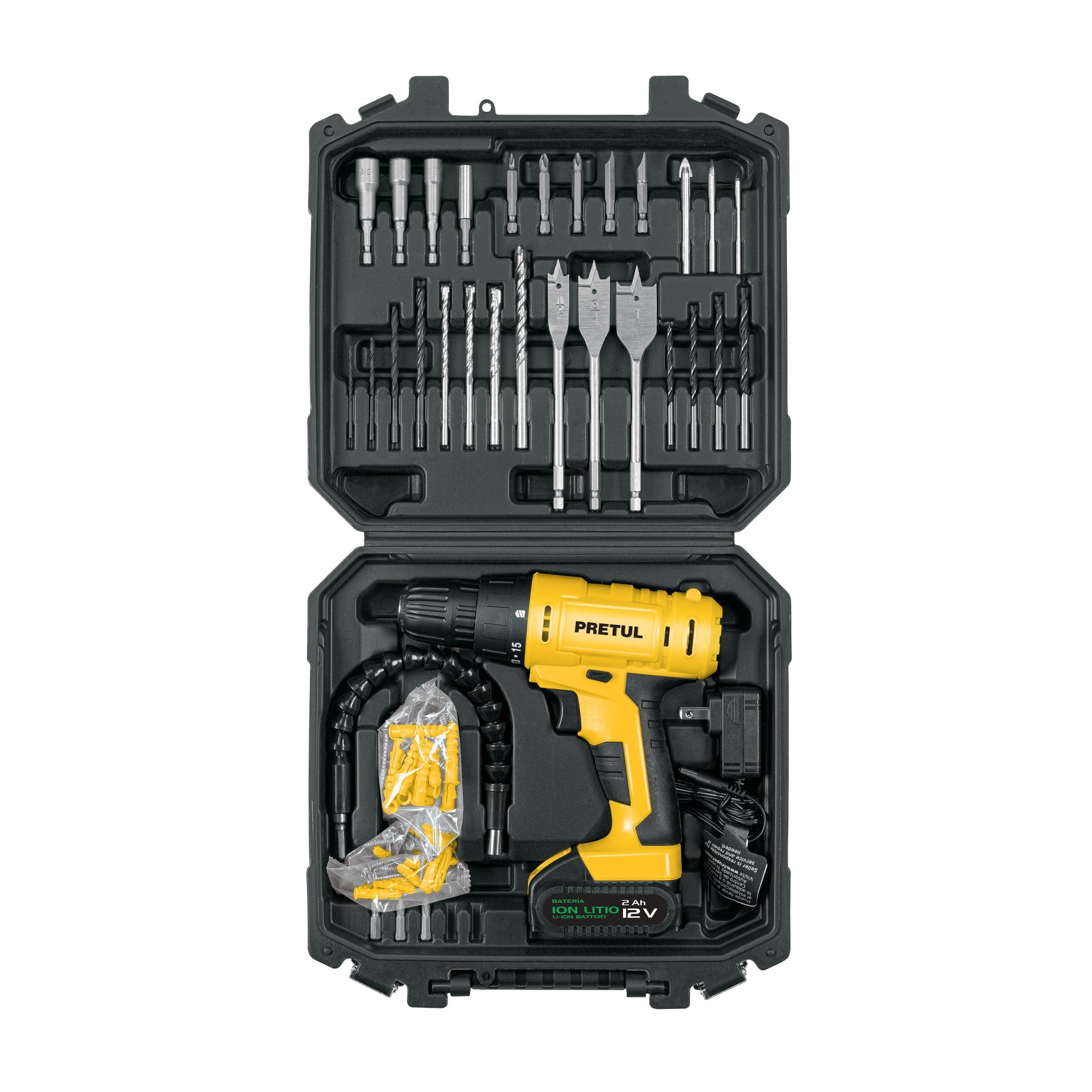 Kit taladro 3/8', 12V, 35 accesorios, en maleta, PRETUL