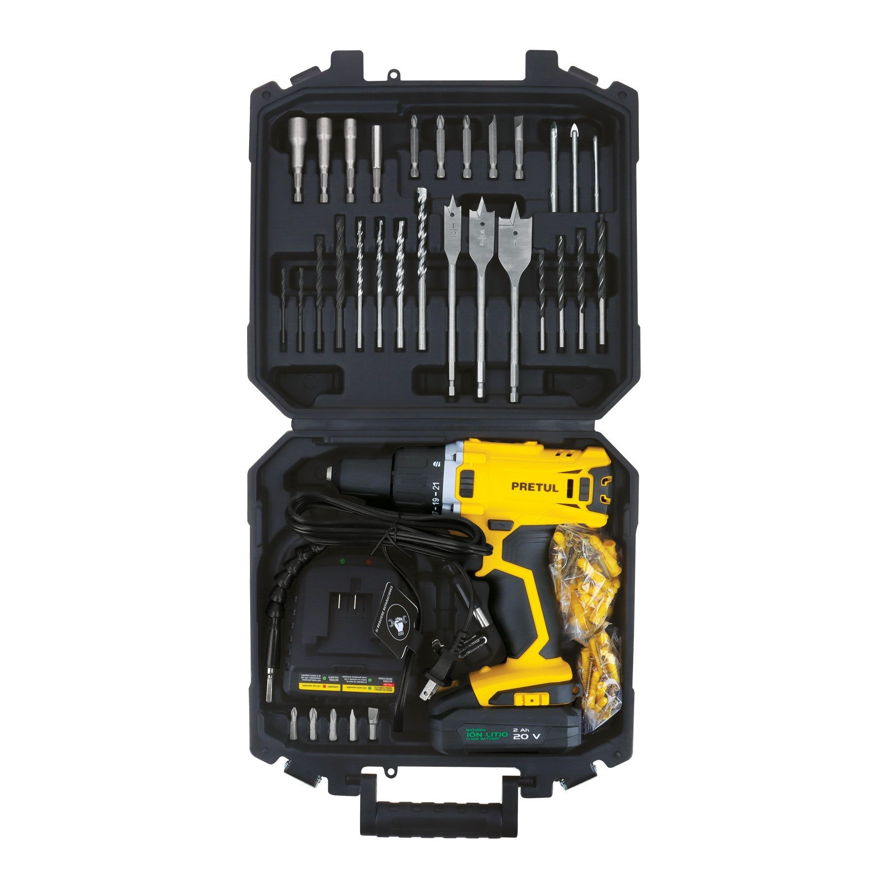 Kit taladro 1/2', 20V, 1 bateria 2Ah, 32 accesorios, PRETUL
