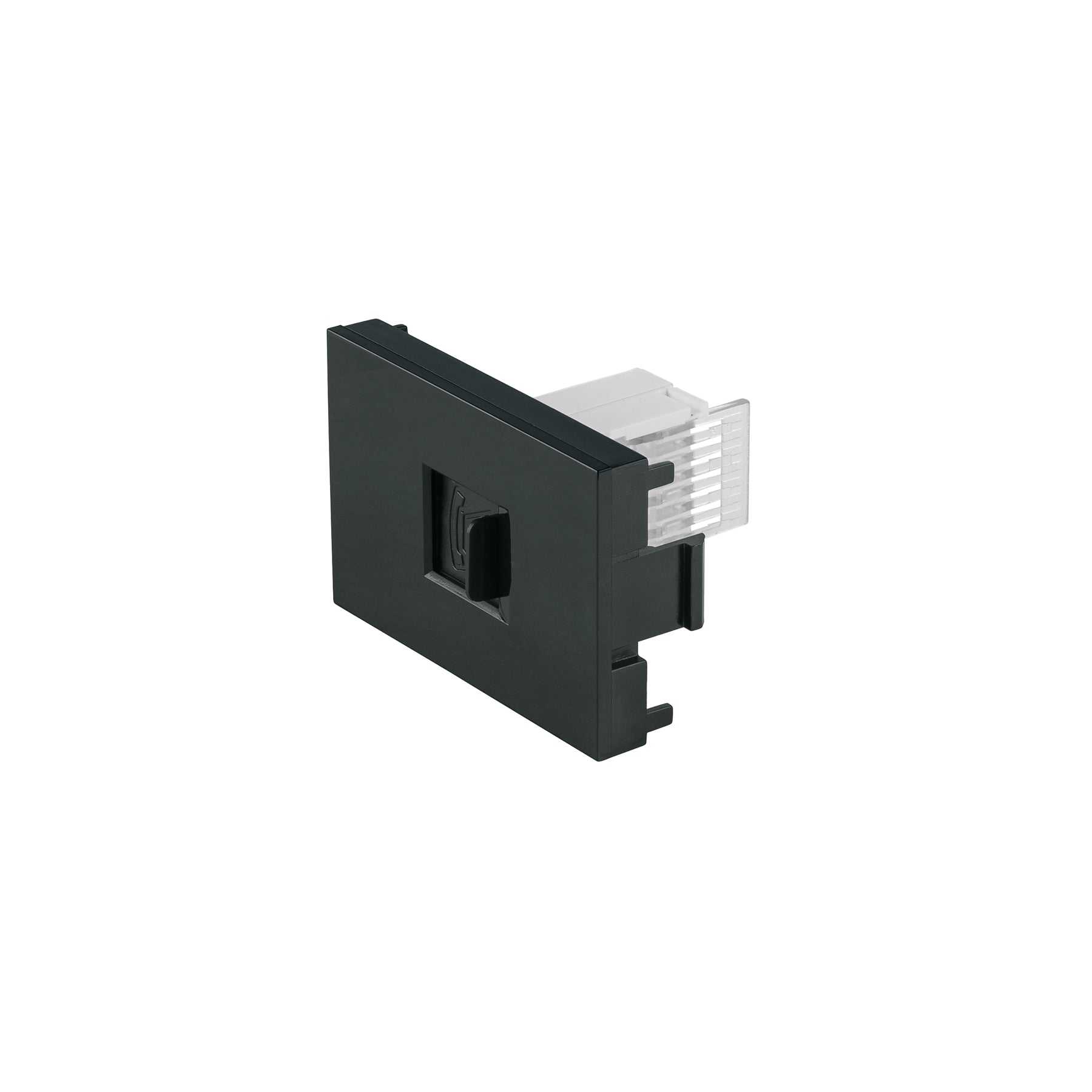 Toma de telefono negro de 1.5 modulos, linea Lisboa, Volteck