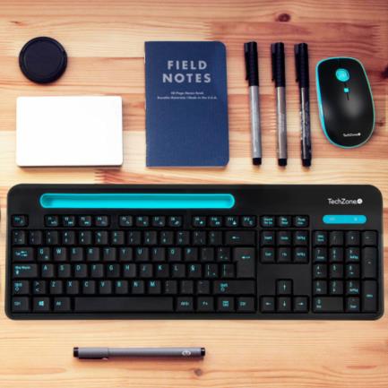 TECHZONE - Kit Teclado y Mouse TechZone Inalámbrico 105 Teclas+Espacio Tablet/Smartphone 1600dpi 3 Botones Win/Mac Color Negro-Azul